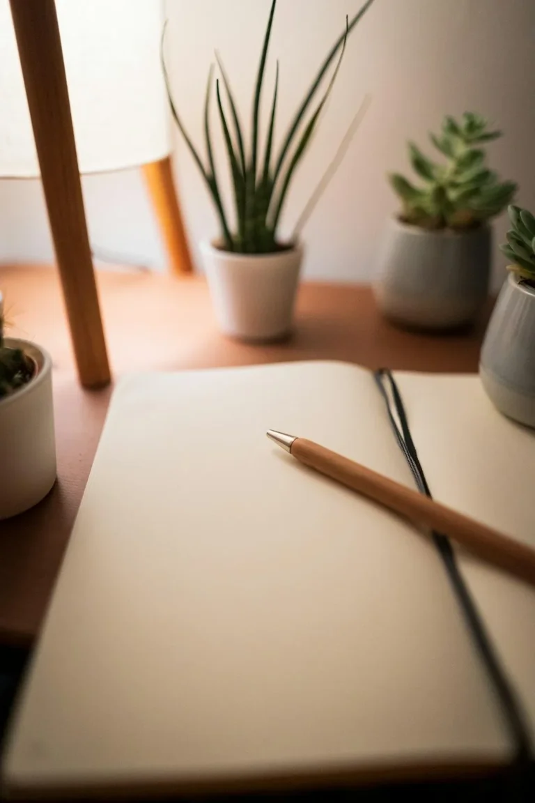 Notebook and plants on a desk