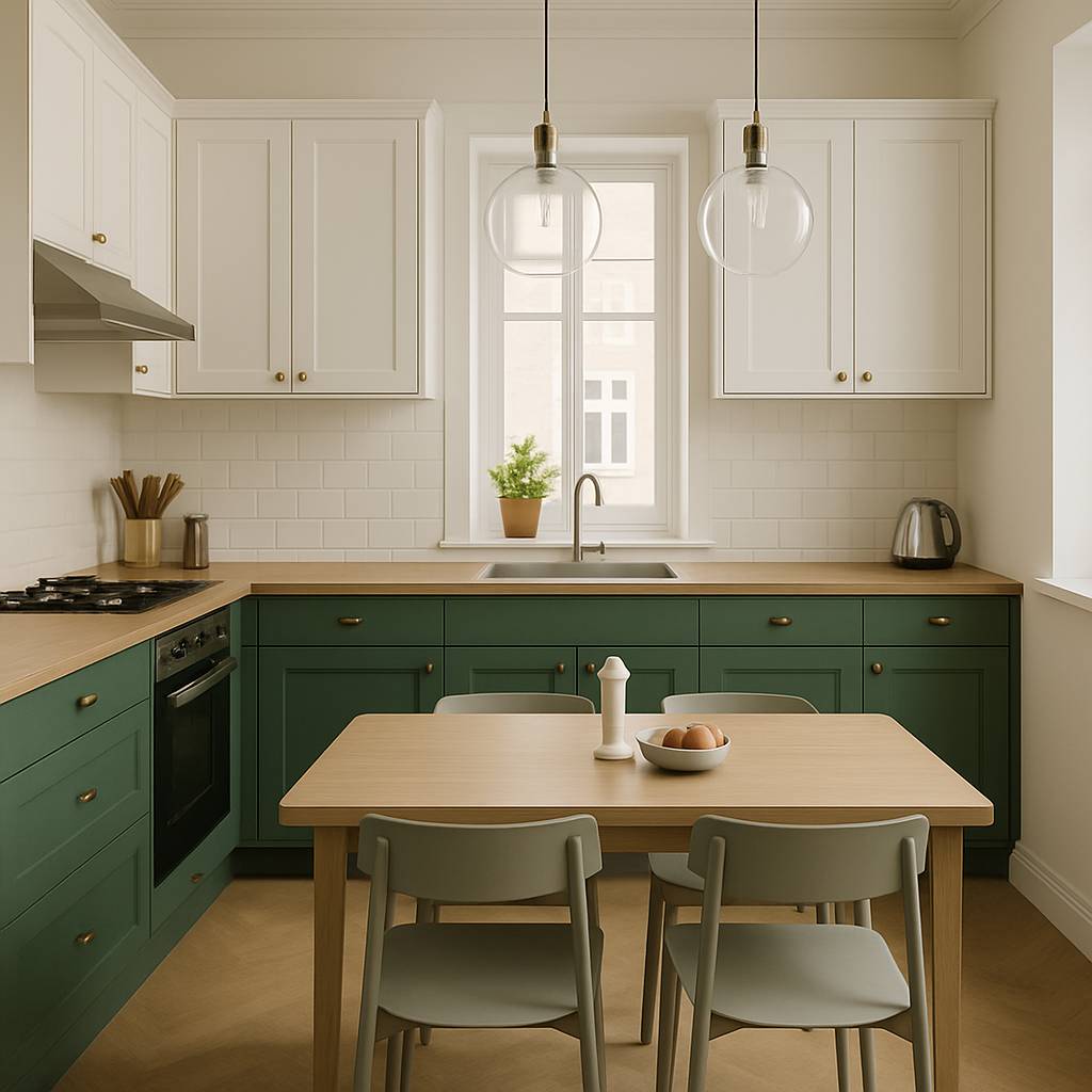 Kitchen with white tile backsplash and green base cabinets