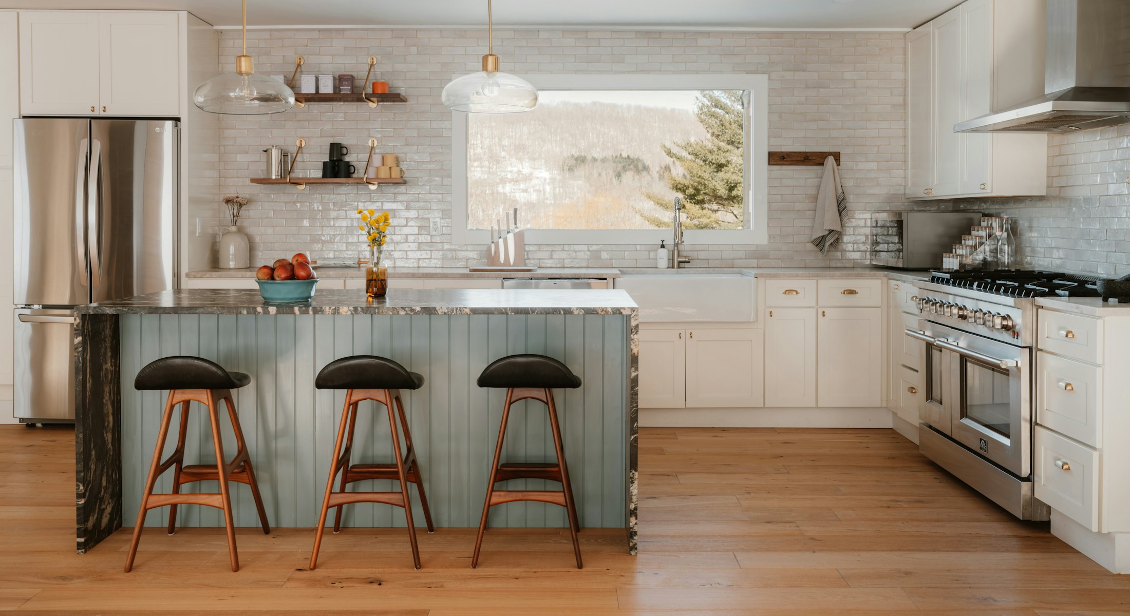 Photographed kitchen with a broad countertop and island